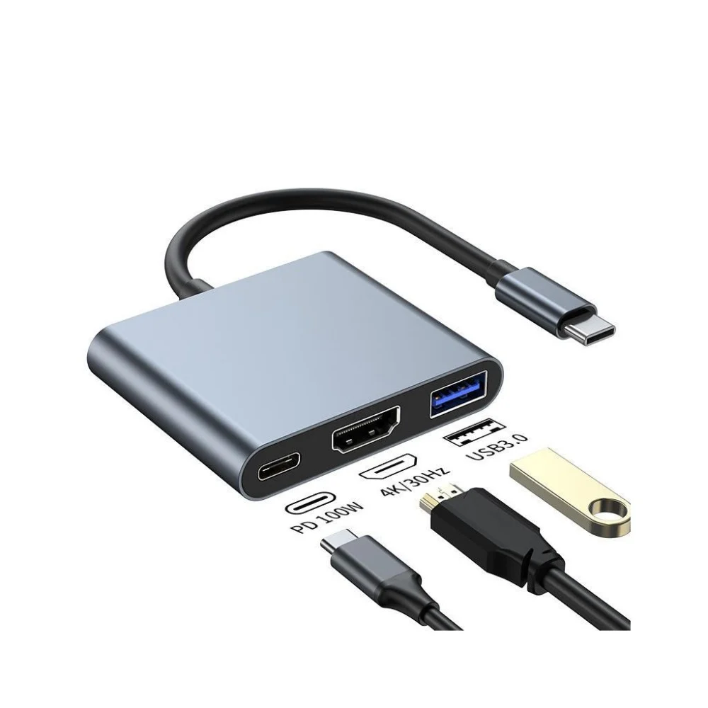 Концентратор Dynamode USB-C 3-in-1 1xHDMI + 1xUSB 3.0 + 1xUSB-C PD 87W 4K (Multiport USB-C 3-in-1 dark grey)