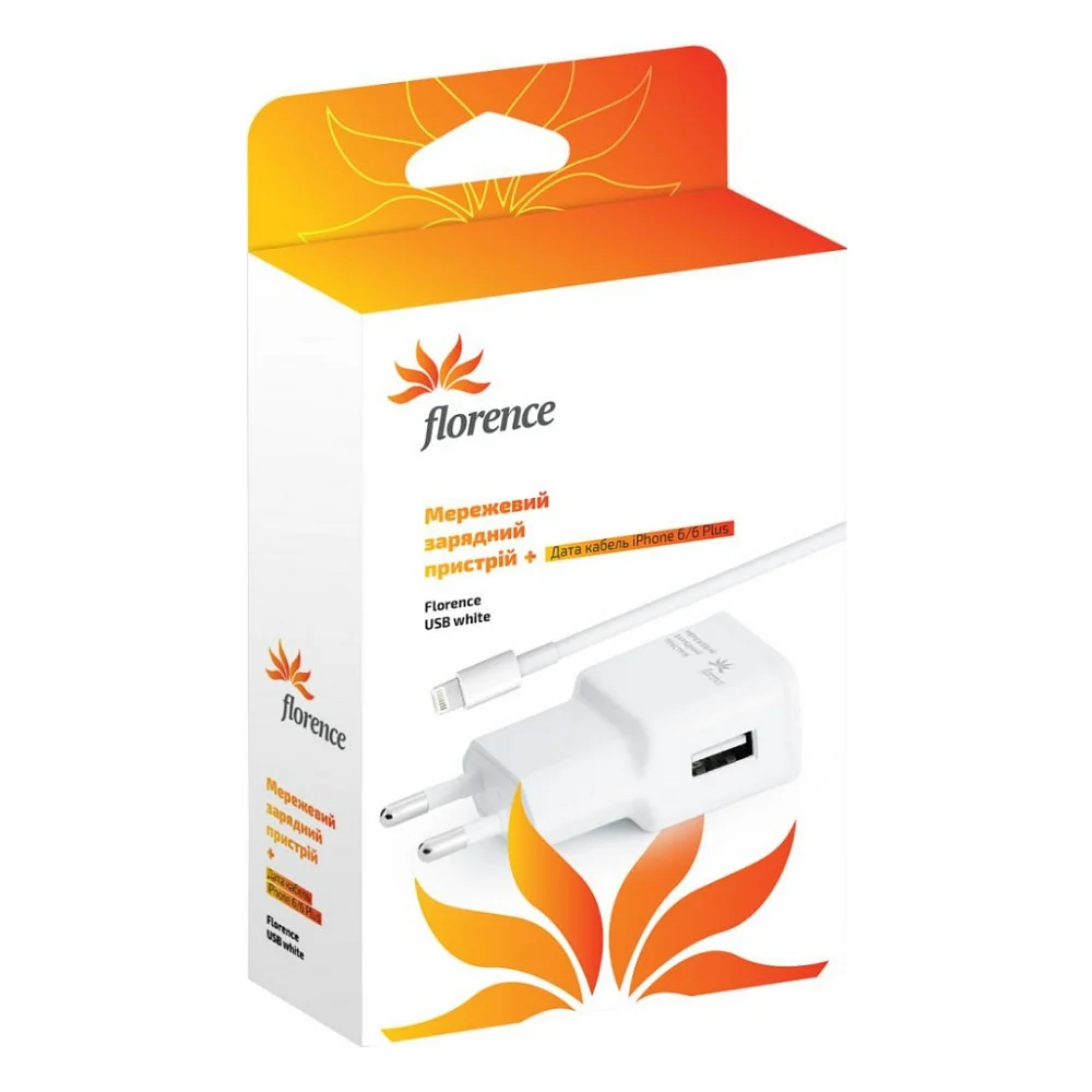 Зарядний пристрій Florence USB, 1A + cable iPhone 6/6 Plus (TC10-IPH6)