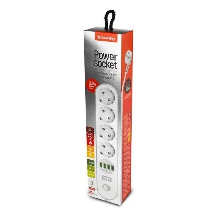 Мережевий фільтр живлення ColorWay CW-CHE44W, 4 розетки/4USB White 2M (CW-CHE44W)