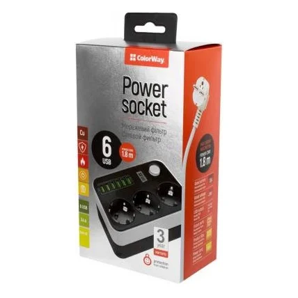 Мережевий фільтр живлення ColorWay CW-CHЕ36B, 3 розетки/6USB Black 1.8M (CW-CHE36B)
