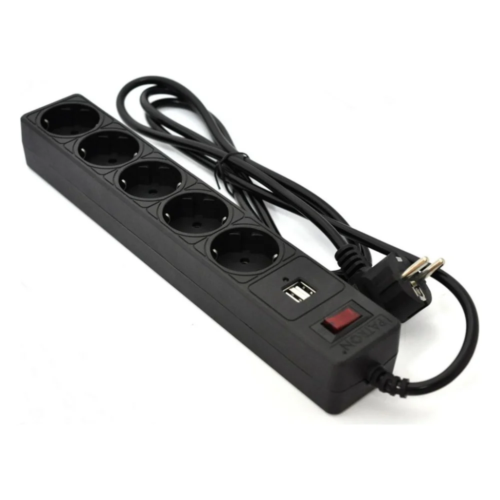 Мережевий фільтр живлення Patron 1.8m (SP-52) + 2 USB 2.0, 2.1A , 5 роз. BLACK (EXT-PN-SP-52-USB)