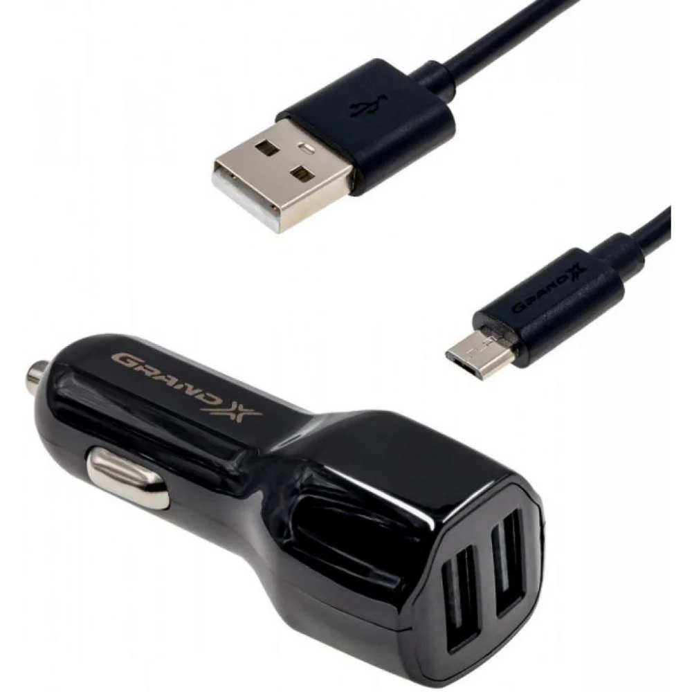 Автомобільний зарядний пристрій Grand-X 2,1A, 12-24V, Black 2USB 5V/2.1A + DC cable USB/Micro USB,1m (CH-26BM)