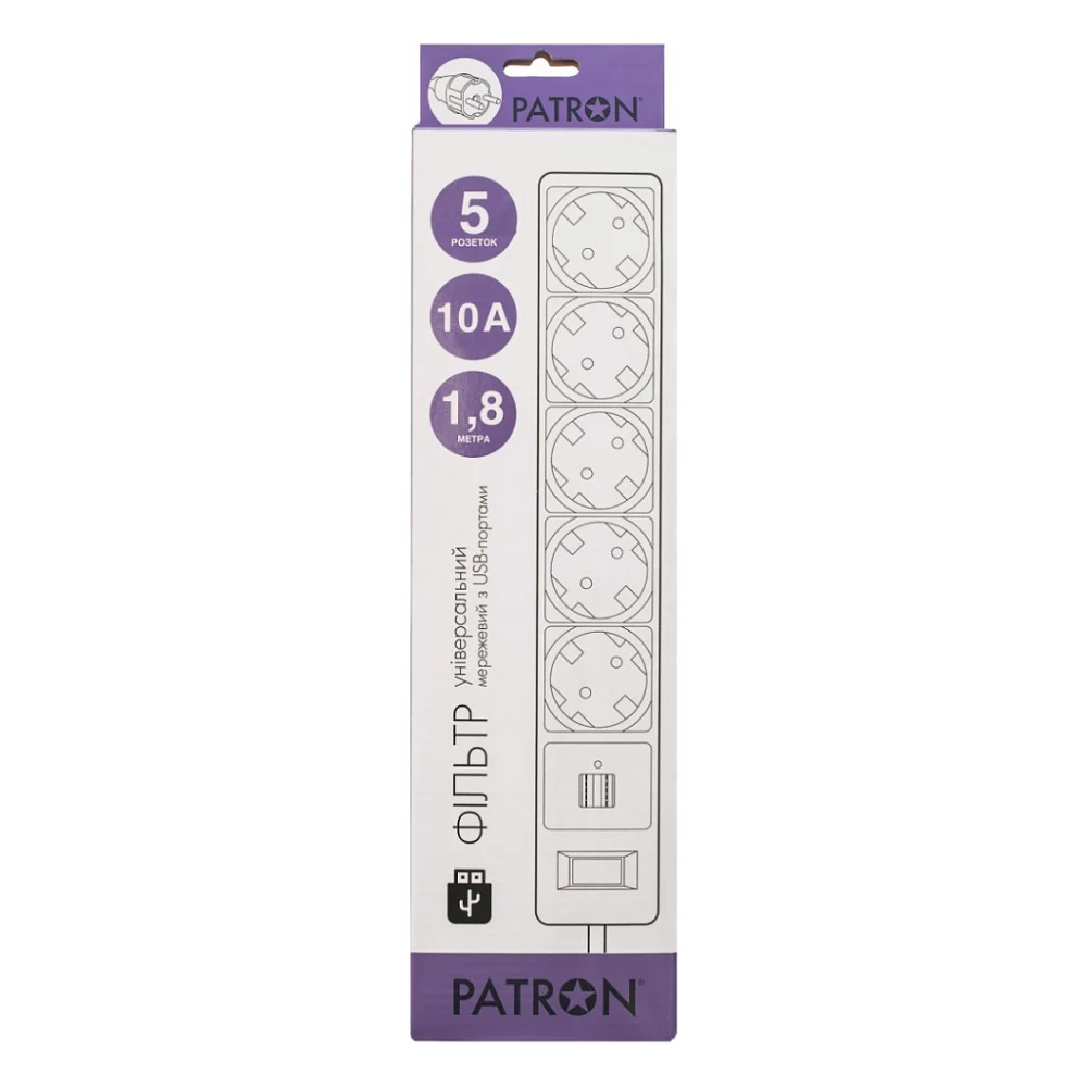 Мережевий фільтр живлення Patron 1.8m + 2 USB 2.0, 2.1A, 5 роз. White (EXT-PN-SP-52-USB-W) — фото 2