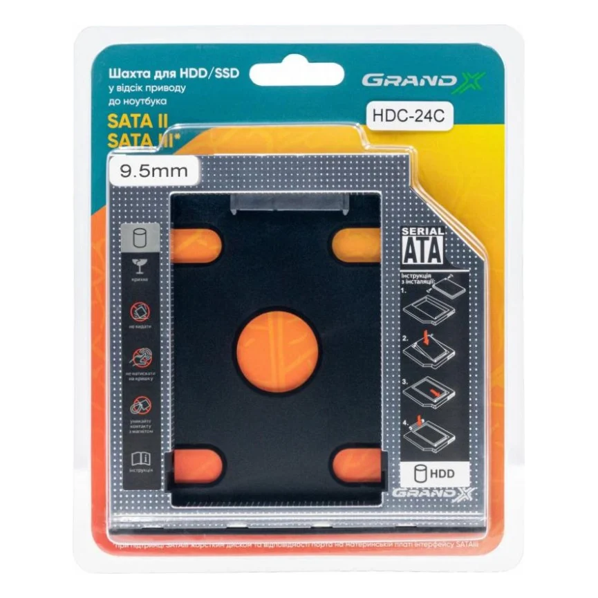 Фрейм-перехідник Grand-X HDD 2,5'' SATA2/SATA3 Slim 9,5mm (HDC-24С) — фото 3