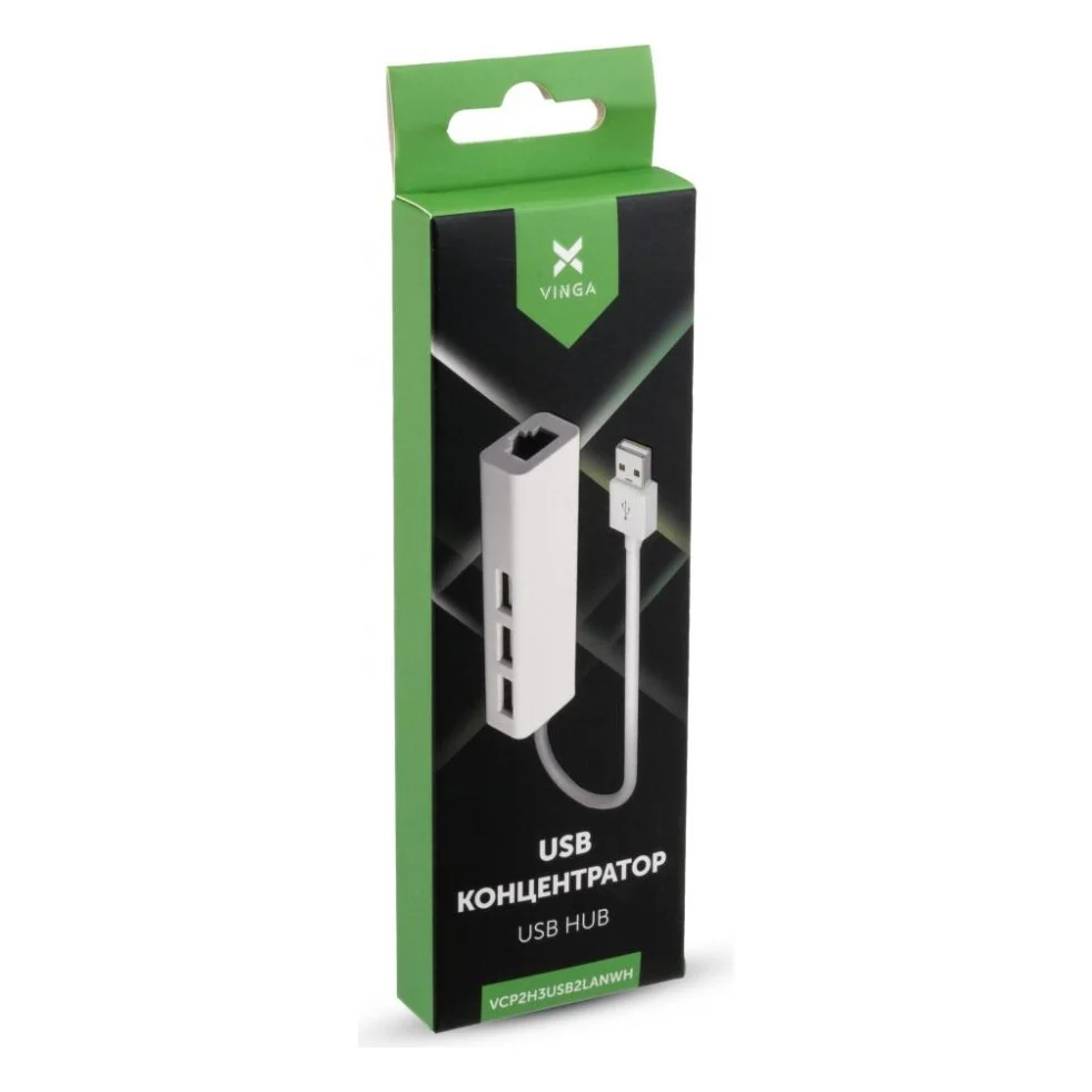 Концентратор Vinga 3xUSB2.0 + RJ45 100Mbps (VCP2H3USB2LANWH) — фото 3