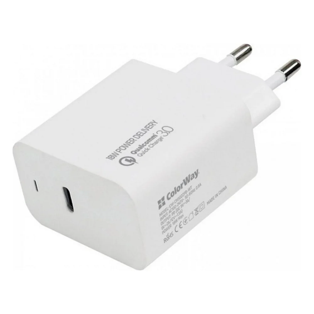 Зарядний пристрій ColorWay Power Delivery Port USB Type-C (18W) (CW-CHS022PD-WT)