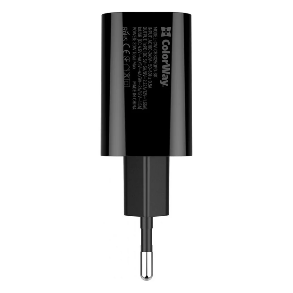 Зарядний пристрій ColorWay Type-C PD + USB QC3.0 (20W) V2 black (CW-CHS025QPD-BK) — фото 3