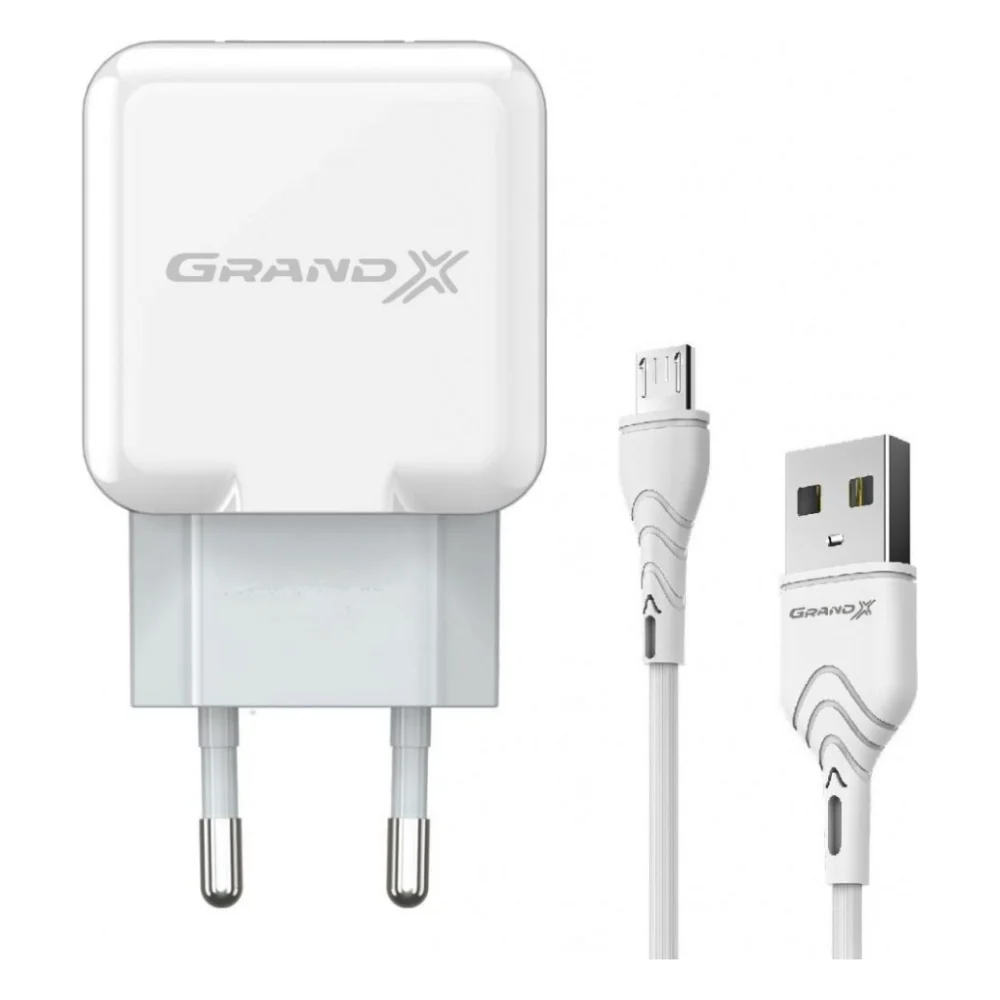 Зарядний пристрій Grand-X USB 5V 2,1A White + cable USB -> micro USB, Cu (CH-03UMW)