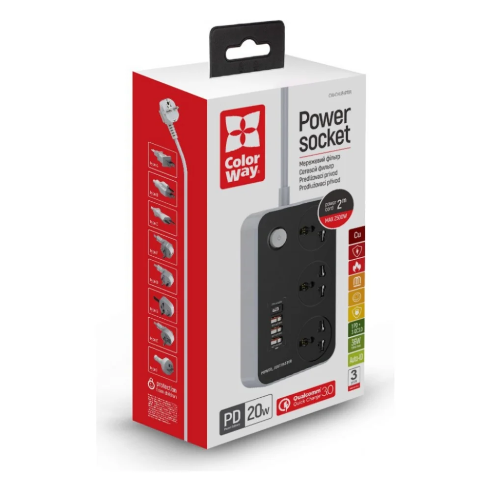 Мережевий фільтр живлення ColorWay CW-CHU34PDB, 3 розетки/4USB Black 2M (CW-CHU34PDB) — фото 11