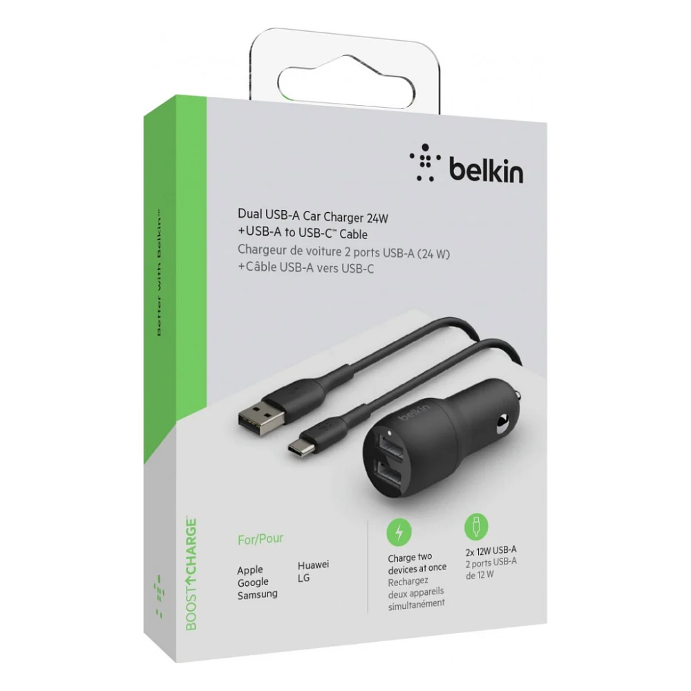Автомобільний зарядний пристрій Belkin Car Charger (24W) Dual USB-A, USB-A - USB-C, 1m, black (CCE001BT1MBK) — фото 5