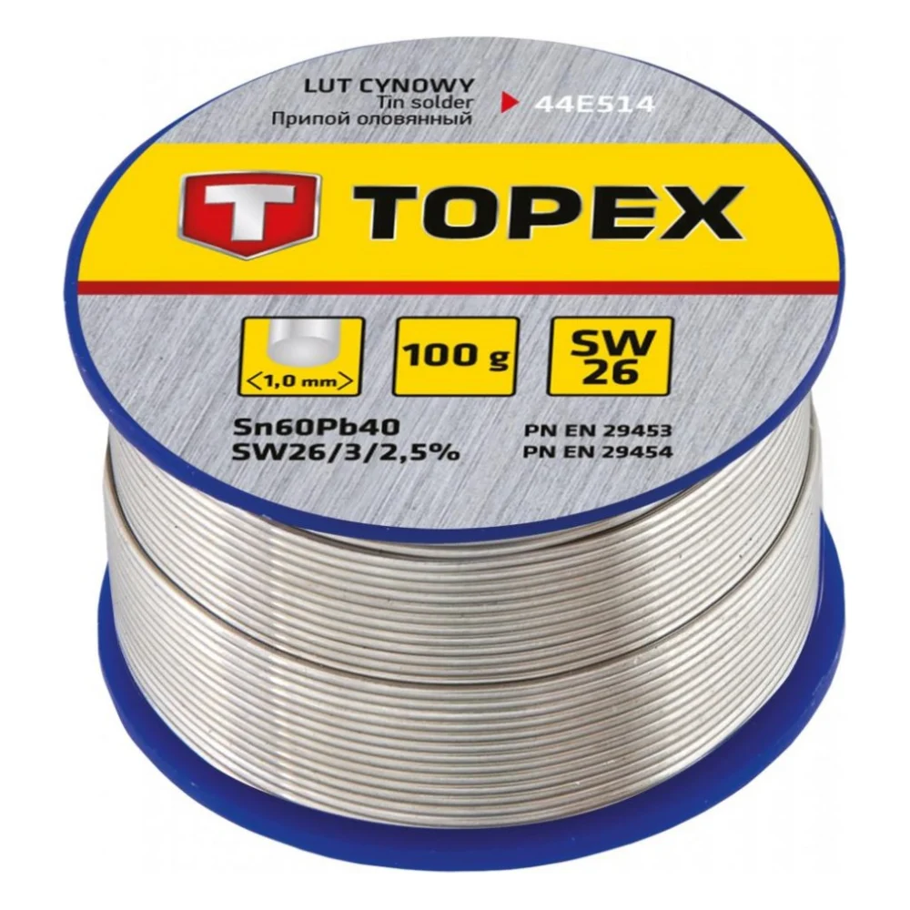 Припій для пайки Topex олов'яний 60%Sn, дрiт 1.0 мм,100 г (44E514)