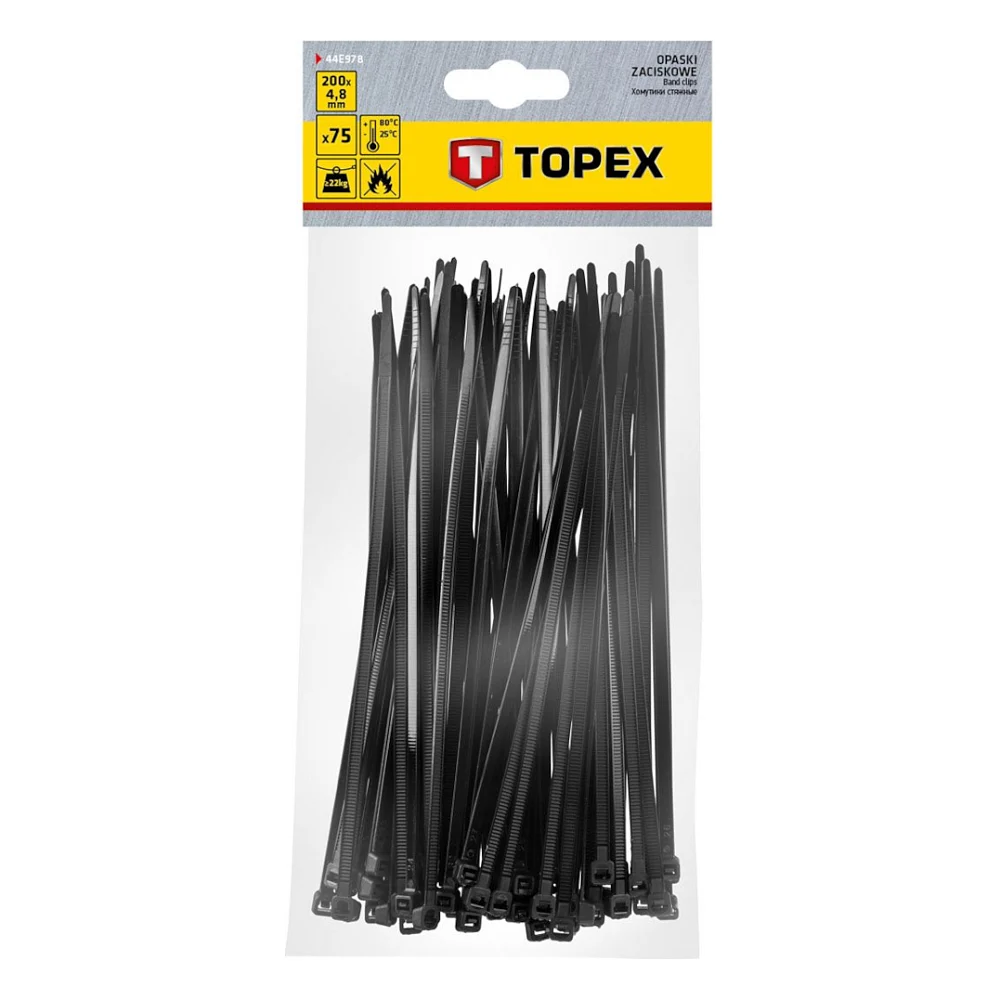 Стяжка Topex 200/4.8мм, чорна, 75 шт (44E978)
