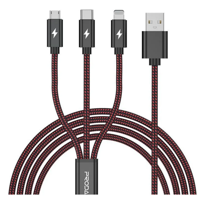 Дата кабель USB 2.0 AM to Lightning + Micro 5P + Type-C red Proda (PD-B65th-RD)