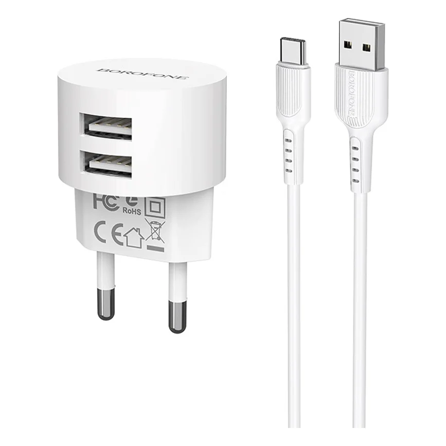 Зарядний пристрій BOROFONE BA23A Brilliant dual port USB 2.4A with Type-C cable White (BA23ACW)