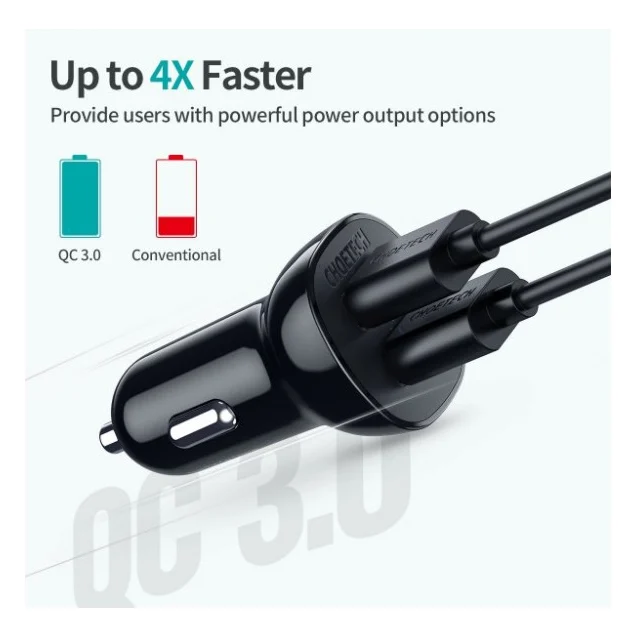 Автомобільний зарядний пристрій Choetech 2хUSB-A 36W QC black (C0051-BK) — фото 5