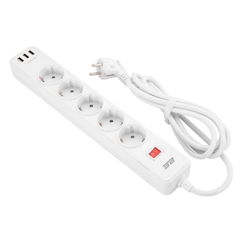 Мережевий фільтр живлення 2E 5XSchuko, 3G*1.5мм, 3*USB-A, 2м, white (2E-SP515M2USBWH)