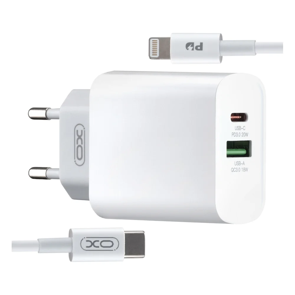 Зарядний пристрій XO L64 double USB-A/USB-C PD&QC3.0 18W 3.0A with Lightning-Type-C cable White