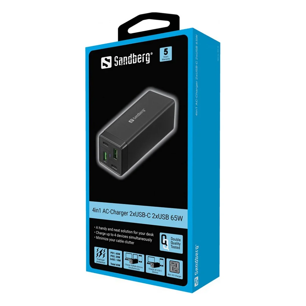 Зарядний пристрій Sandberg 4in1 2xUSB-C 2xUSB PD 65W QC 3.0 20W (441-45) — фото 5