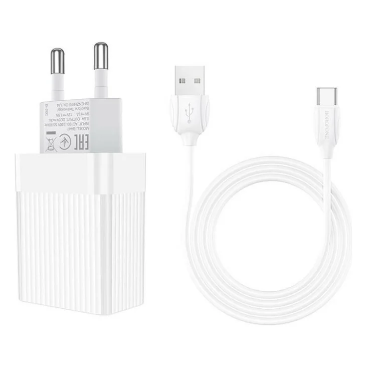 Зарядний пристрій BOROFONE BA47A Mighty speed single port QC3.0 3A with USB-A to Type-C cable White (BA47ACW)