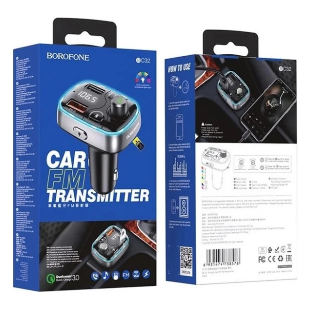 FM модулятор BOROFONE BC32 2USB/QC3.0, 2.4A, Black (BC32B) — фото 7