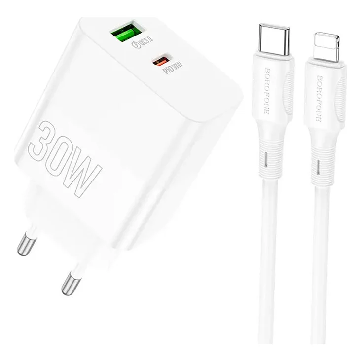 Зарядний пристрій BOROFONE BA75A Powerful 1xUSB-C, 1xUSB-A, PD30W, QC3.0 with Type-C to Lightning cable White (BA75ACLW)