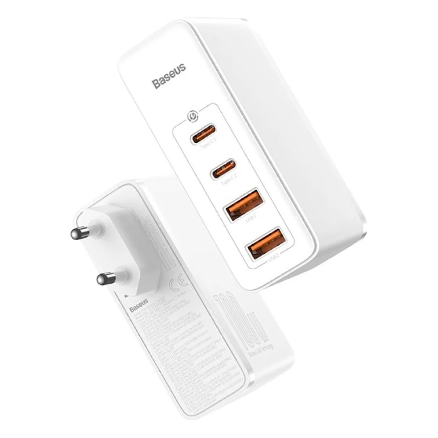 Зарядний пристрій Baseus GaN2 Q.Charger C+U 100W with Type-C to Type-C cable White (CCGAN2P-L02)