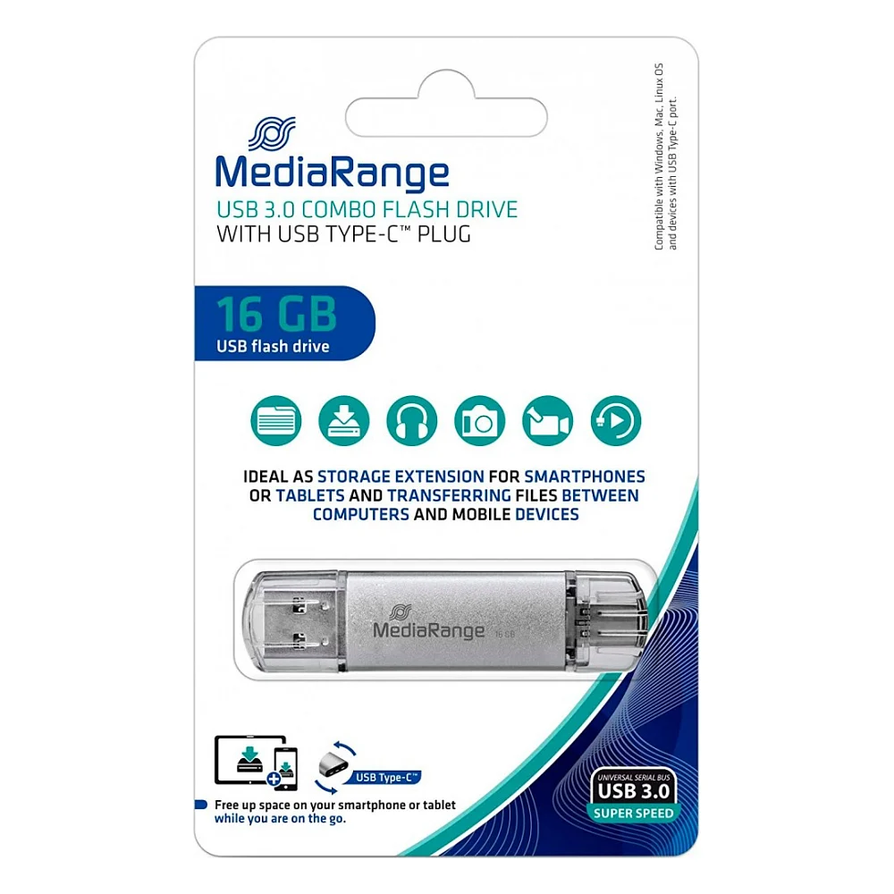 USB флеш накопичувач MediaRange 16GB USB 3.0 with USB Type-C (MR935)