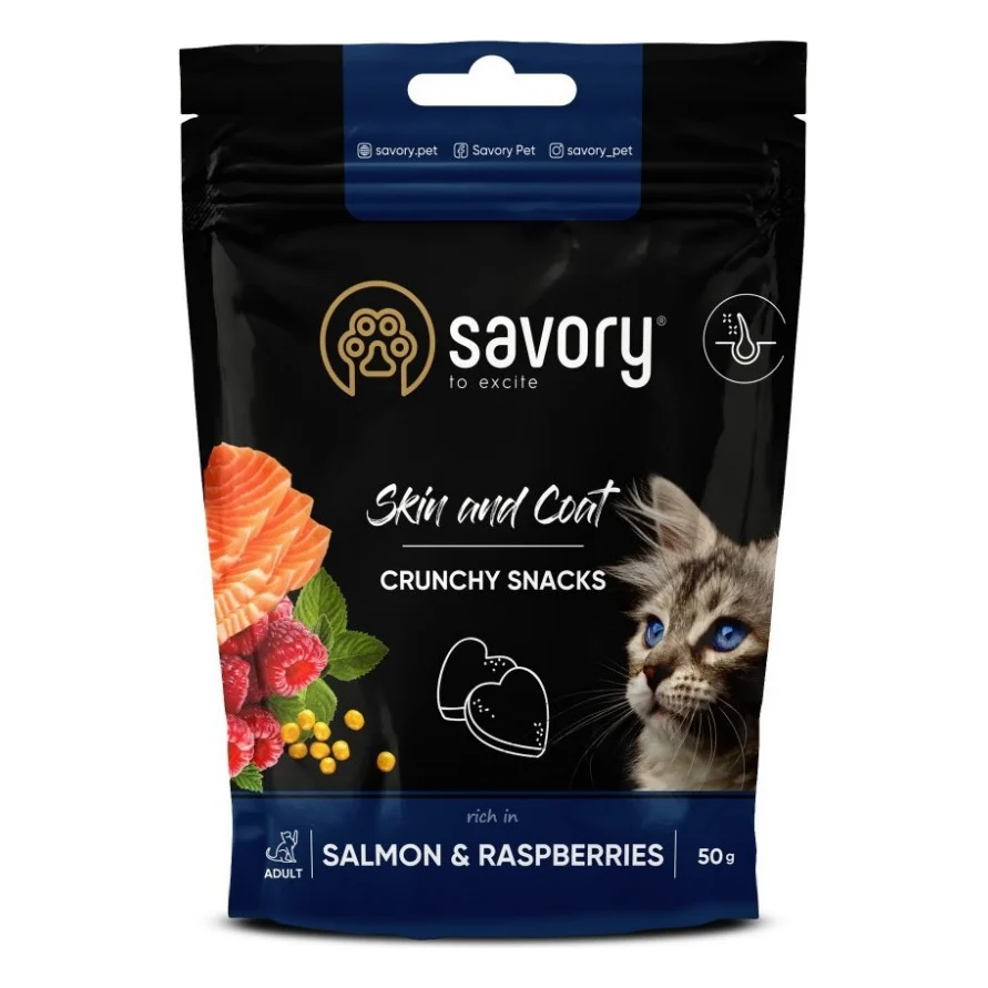 Ласощі для котів Savory для здоров'я шкіри та шерсті, лосось з малиною 50 г (4820232631386)