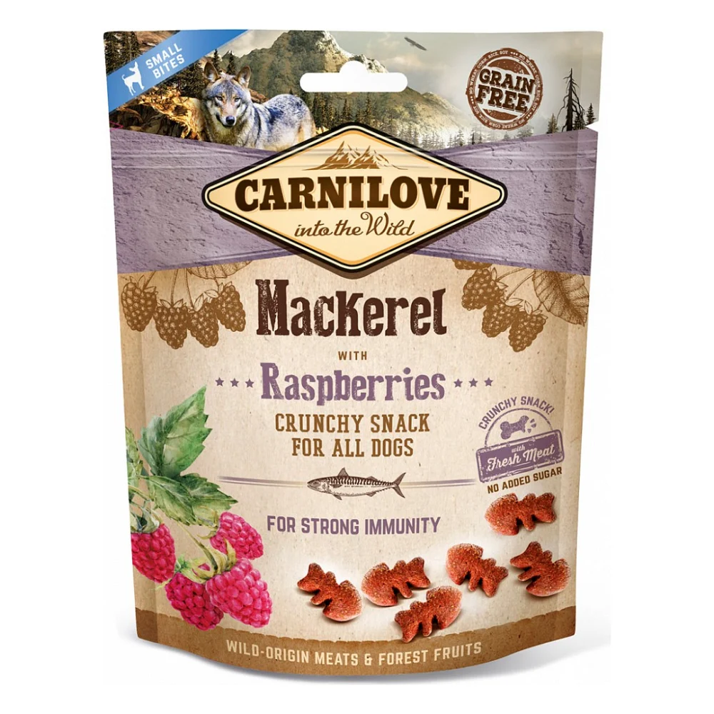 Ласощі для собак Carnilove Crunchy Snack зі скумбрією, малиною і м'ясом 200 г (8595602528875)