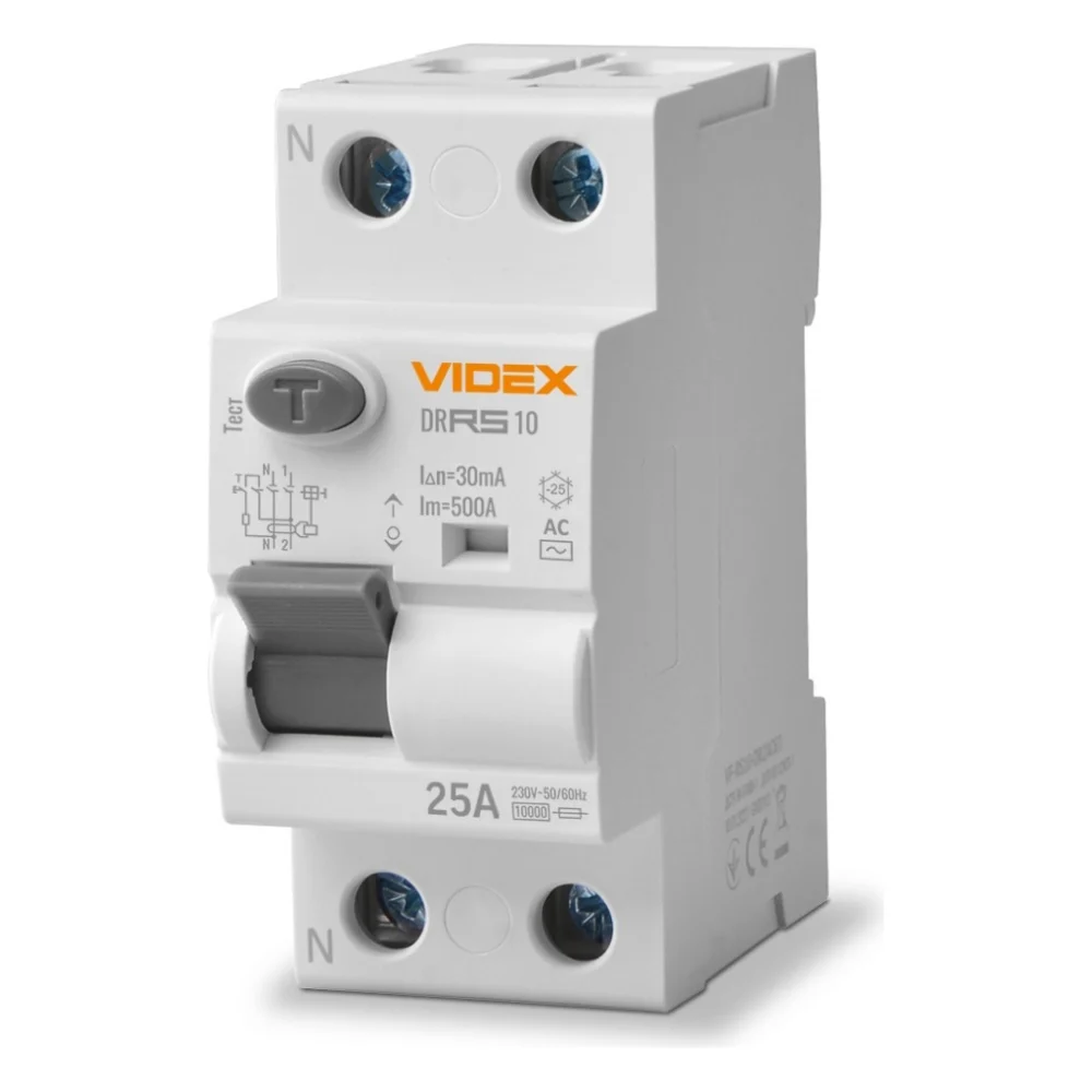 Диференційне реле (ПЗВ) Videx RESIST АС 2п 30мА 10кА 25А (VF-RS10-DR2AC25)