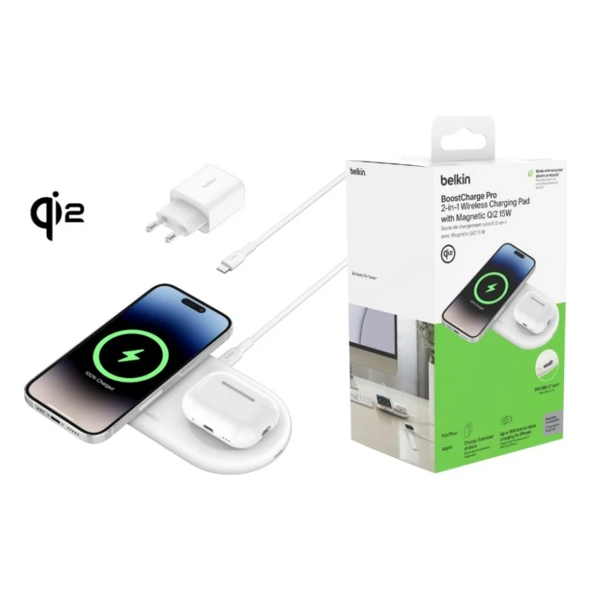 Зарядний пристрій Belkin 2in1 15W Pad Qi2 white (WIZ021VFWH)