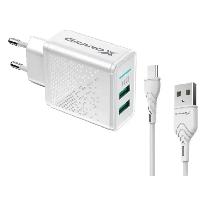 Зарядний пристрій Grand-X CH-60WT 2USB 5V 3.1A + USB-C cable (CH-60WT)
