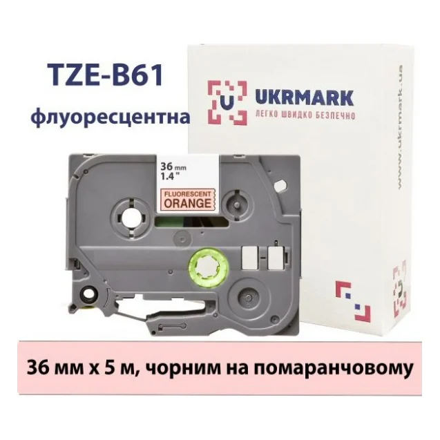 Стрічка для принтера етикеток UKRMARK B-Fc-TB61P-BK/OR, аналог TZeB61, флуорисцентна, 36мм х 8м, black on orange (900539)
