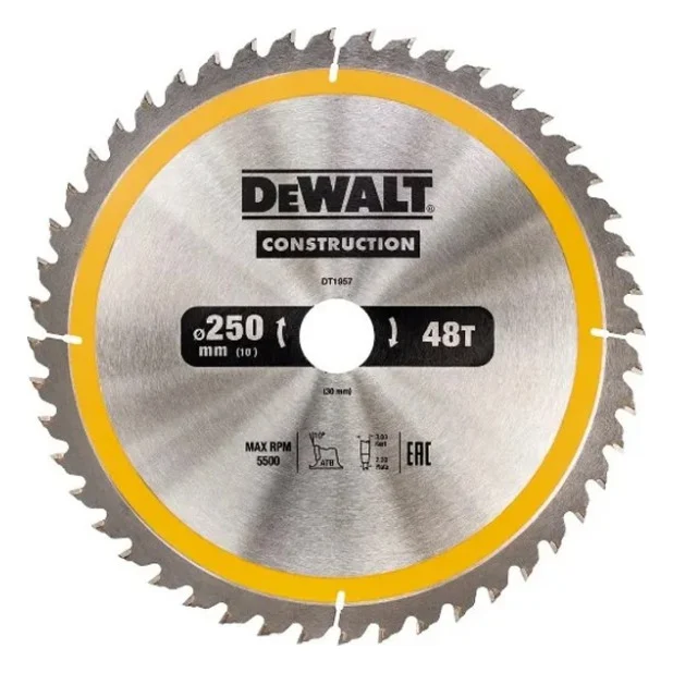 Диск пильний DeWALT CONSTRUCTION 250х30 мм, 48z (ATB) + 10 град (DT1957)