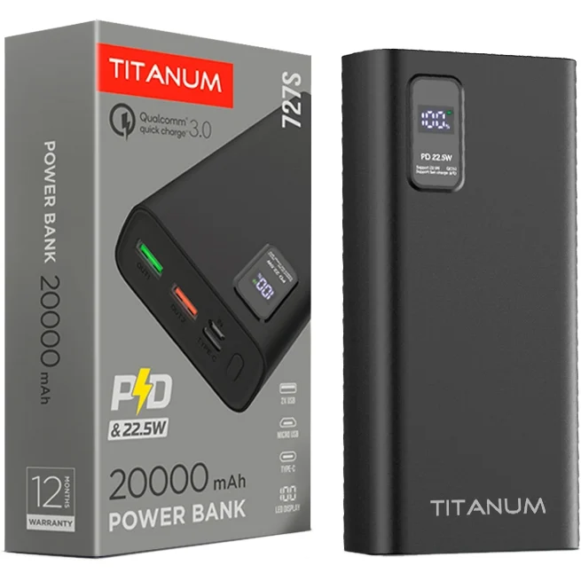 Батарея універсальна Titanum 727S 20000mAh PD 22.5W Black (TPB-727S-B) — фото 3