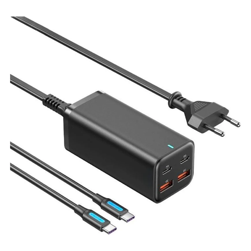 Зарядний пристрій Vention Four-Port 2xUSB-C, 2xUSB-A PD3.0, QC3.0 100W GaN Charger with Type-C to Type-C cable Black (FBSBG-EU)