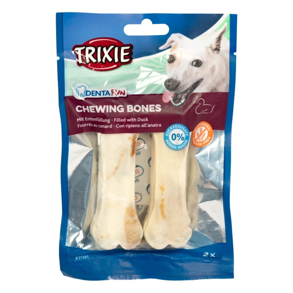 Ласощі для собак Trixie Кістка для чищення зубів з качкою Denta Fun 10 см 70 г (4011905313917)