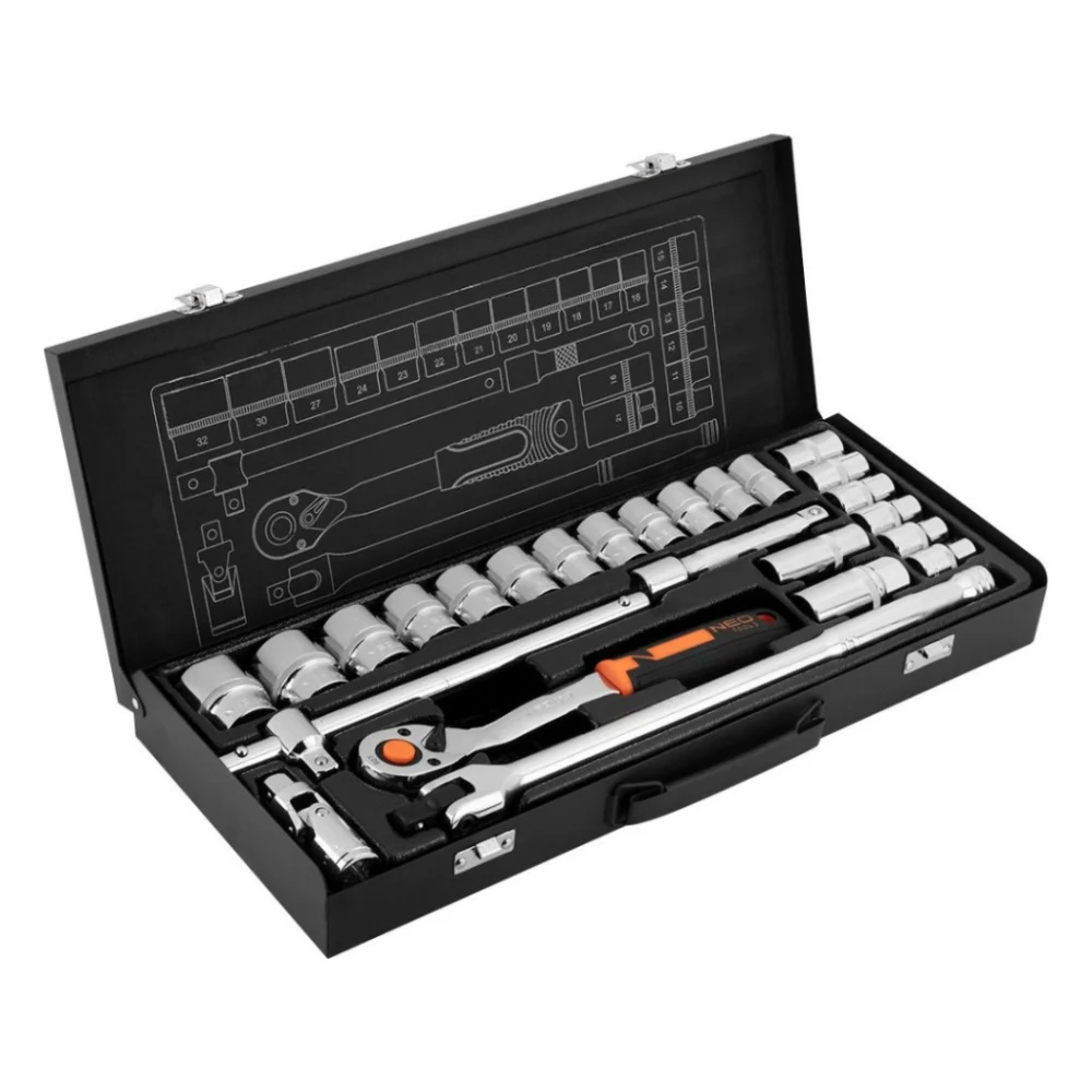 Набір головок Neo Tools 25шт, 1/2", CrV, металевий кейс (10-036)