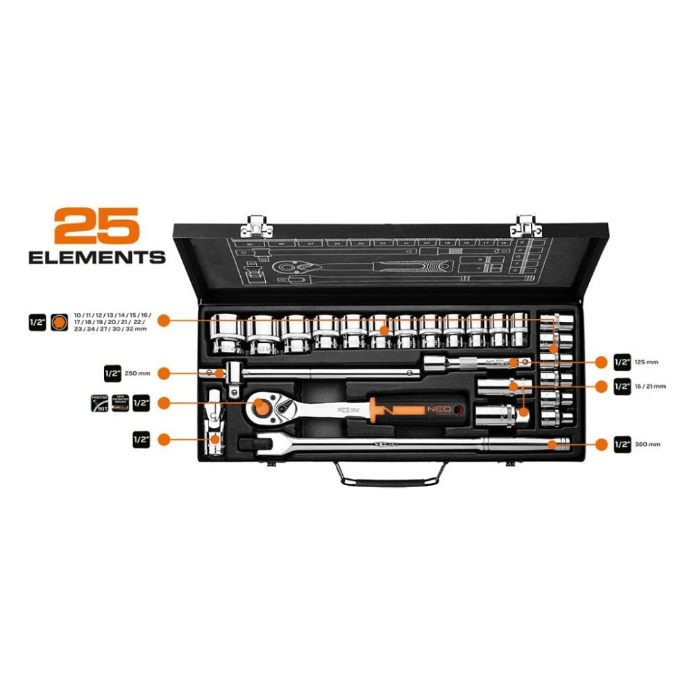 Набір головок Neo Tools 25шт, 1/2", CrV, металевий кейс (10-036) — фото 2
