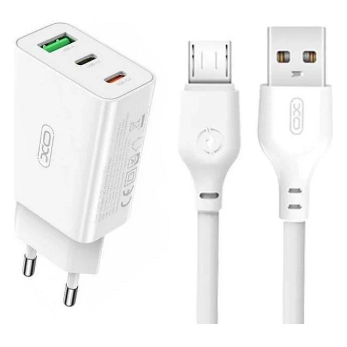 Зарядний пристрій XO L101 USB-A/USB-C/USB-C PD20W PD18W QC18W with USB to microUSB cable White