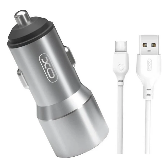Автомобільний зарядний пристрій XO TZ09 Metal double USB 12W 2.4A with Type-C cable Grey