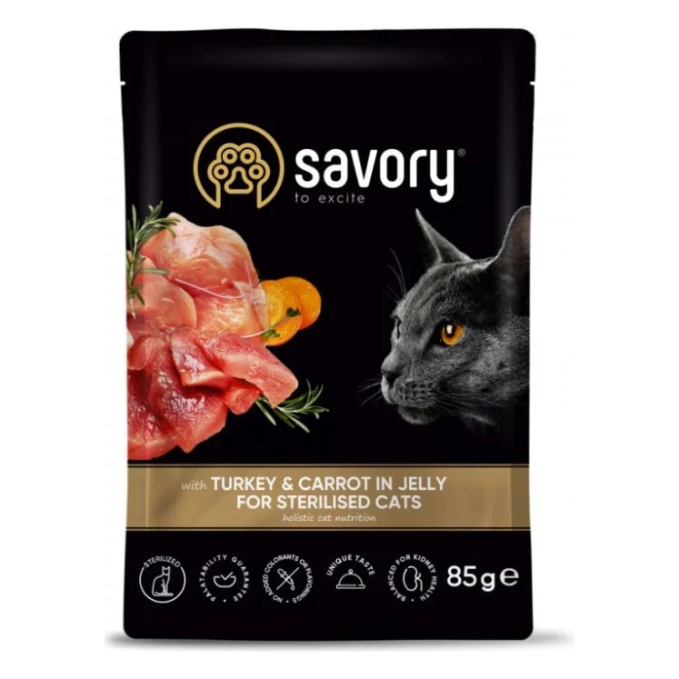 Вологий корм для кішок Savory індичка з морквою в желе для стерилізованих 85 г (4820261920109)