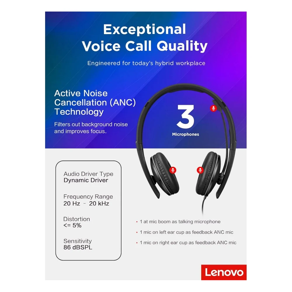Навушники Lenovo Wired ANC Headset Gen 2 (Teams) Black (4XD1M45627) — фото 5