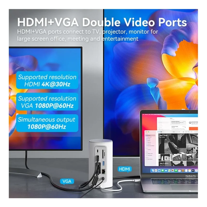 Концентратор Vention USB3.1 Type-C to HDMI/VGA/USB3.0x3/RJ45/SD/TF/TRRS 3.5m/PD/DC100W12-in-1 (TPHWC-EU) — фото 7