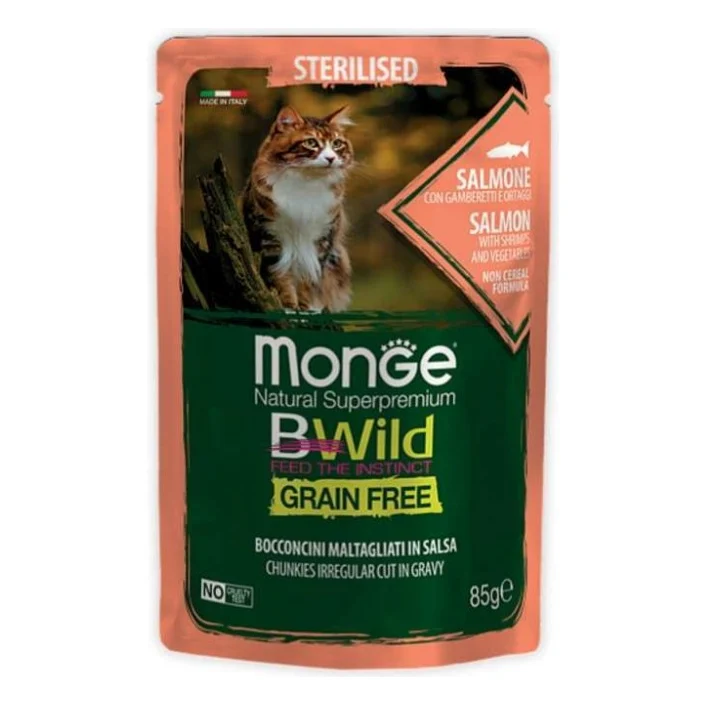 Вологий корм для кішок Monge BWild Cat Free Wet Sterilized лосось з креветками 85 г (8009470012782)