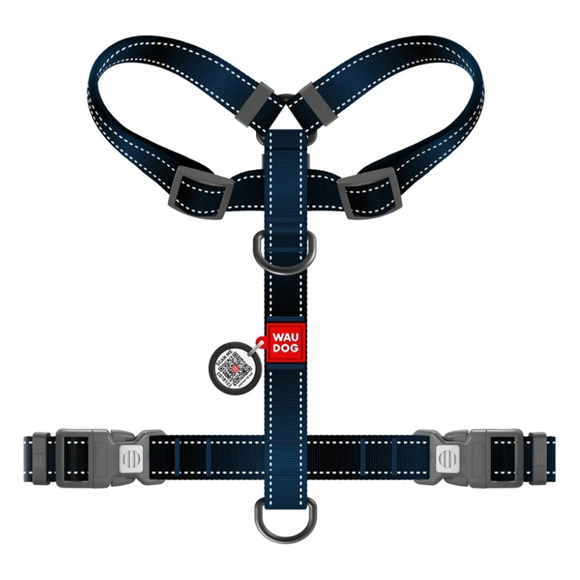 Шлея для собак WAUDOG Nylon Mono анатомічна H-подібна з QR паспортом, пластиковий фастекс, XL чорна (54591) — фото 3