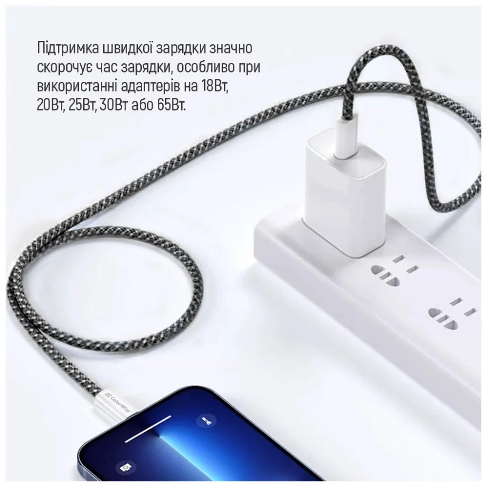Дата кабель USB-C to USB-C 2.0m (braided cotton) (PD Fast Charging 60W) 3.0А black ColorWay (CW-CBPDCC068-BK) — фото 12