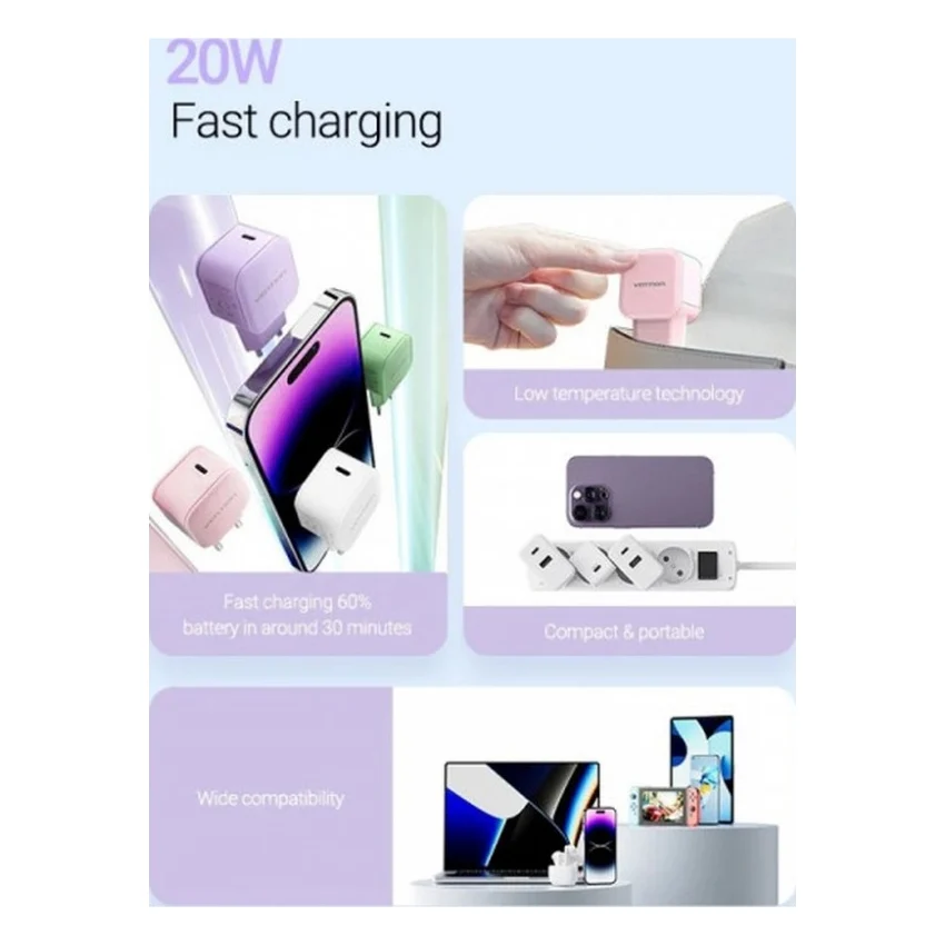 Зарядний пристрій Vention 1xUSB-C 20W PD3.0/QC3.0 Purple (FEJV0-EU) — фото 3