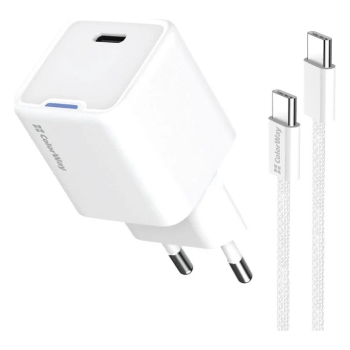 Зарядний пристрій ColorWay GaN Mini 35W PD Port PPS USB-C white cable Type-C (CW-CHS056PDC-WT)