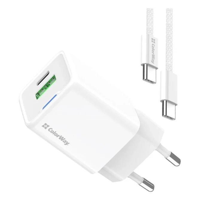 Зарядний пристрій ColorWay GaN Mini 35W PD Port PPS USB (Type-C PD + USB QC4.0) cable Type-C (CW-CHS055PDC-WT)